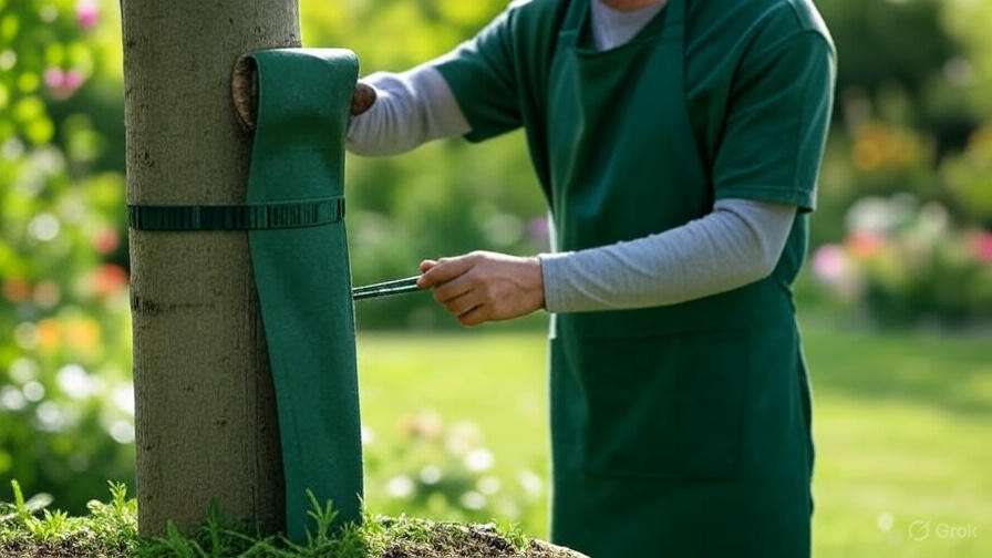 A gardener in a green apron secures a protective wrap around a tree trunk in a lush garden filled with colorful flowers.