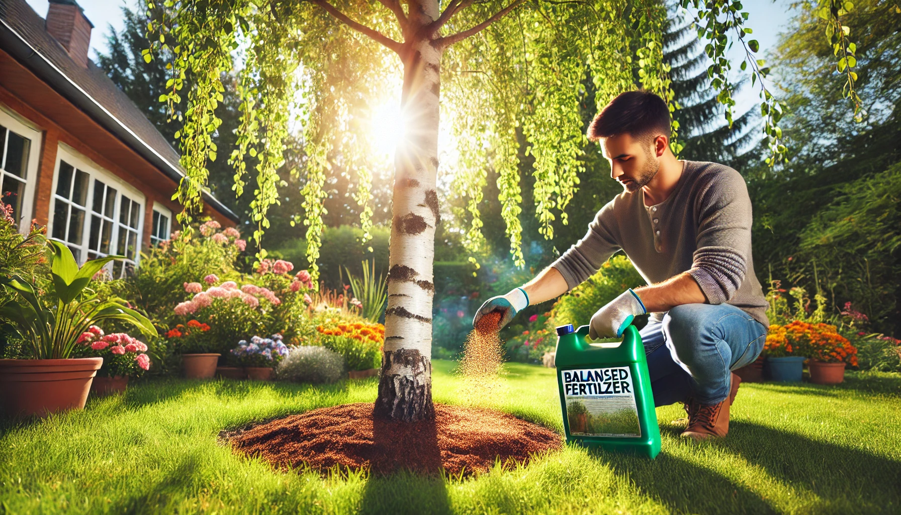 A person kneels on green grass, sprinkling balanced fertilizer around a tree trunk, surrounded by vibrant flowers and a sunny garden.