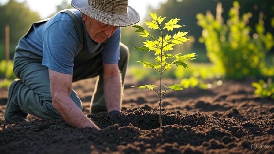 A person kneels in rich soil, planting a young sapling surrounded by greenery under soft sunlight in a tranquil setting.