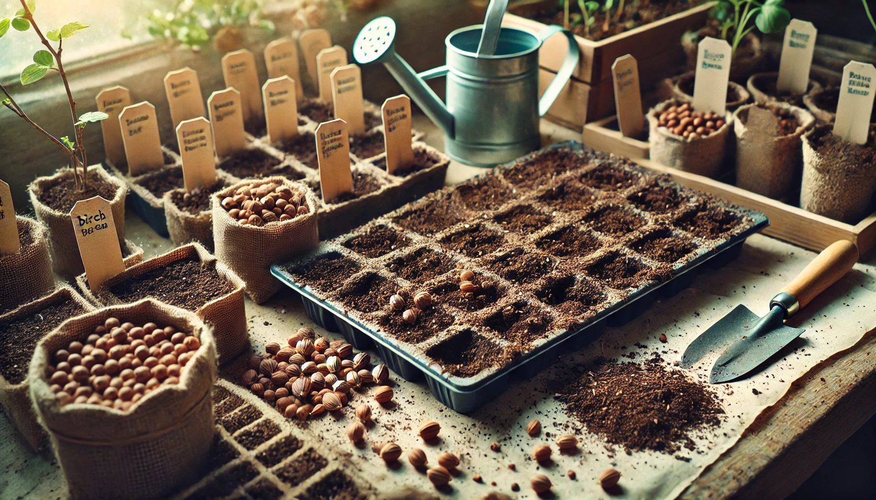 A gardening setup with seed trays, labeled pots, soil, and a watering can, showcasing seeds and tools on a wooden table.