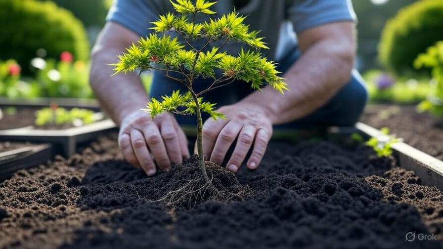 A person gently plants a small green tree in rich soil, focused on nurturing it in a vibrant garden setting.