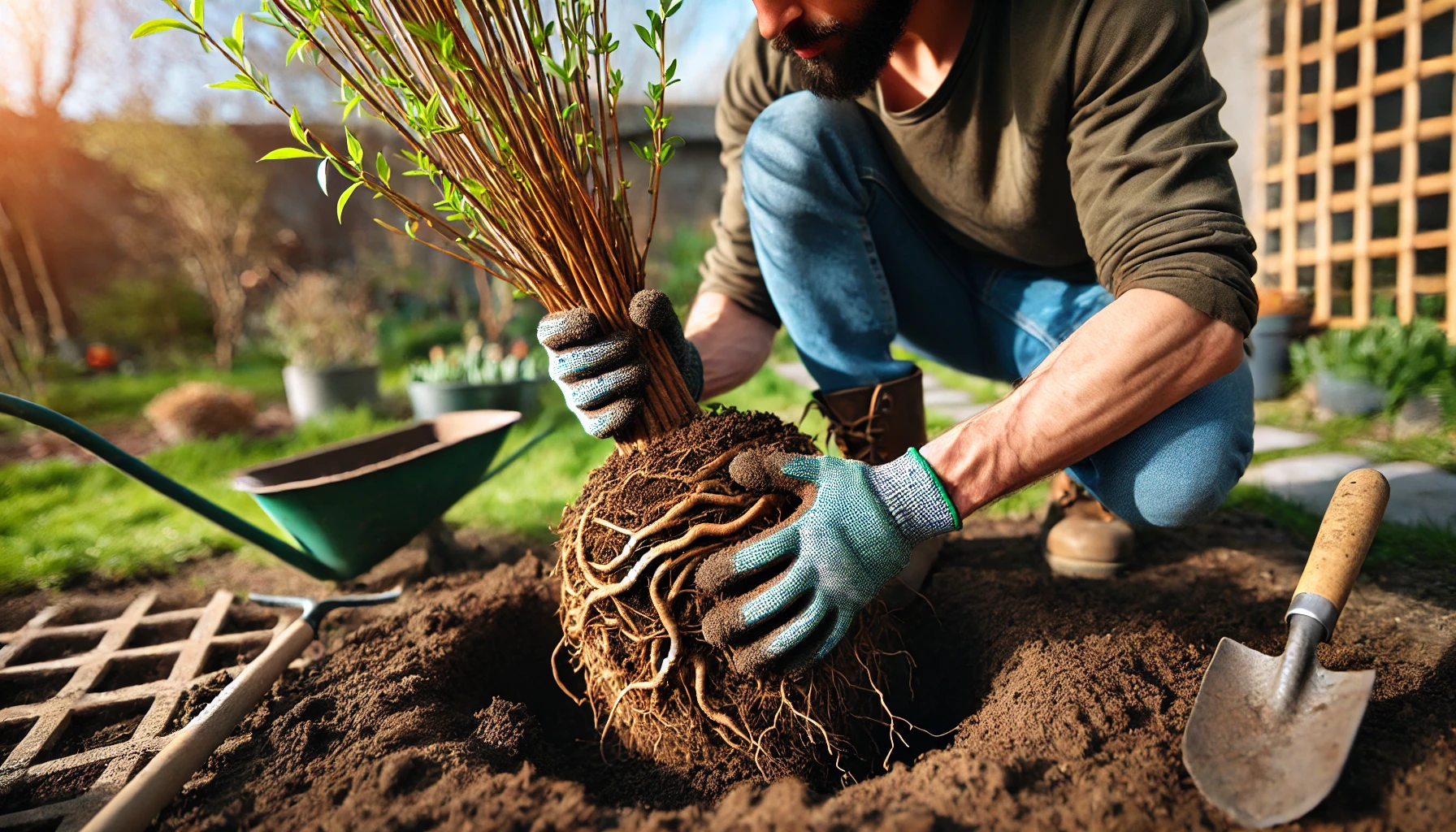 A man in gloves kneels to plant a young tree with exposed roots in a garden, surrounded by tools and greenery in sunlight.
