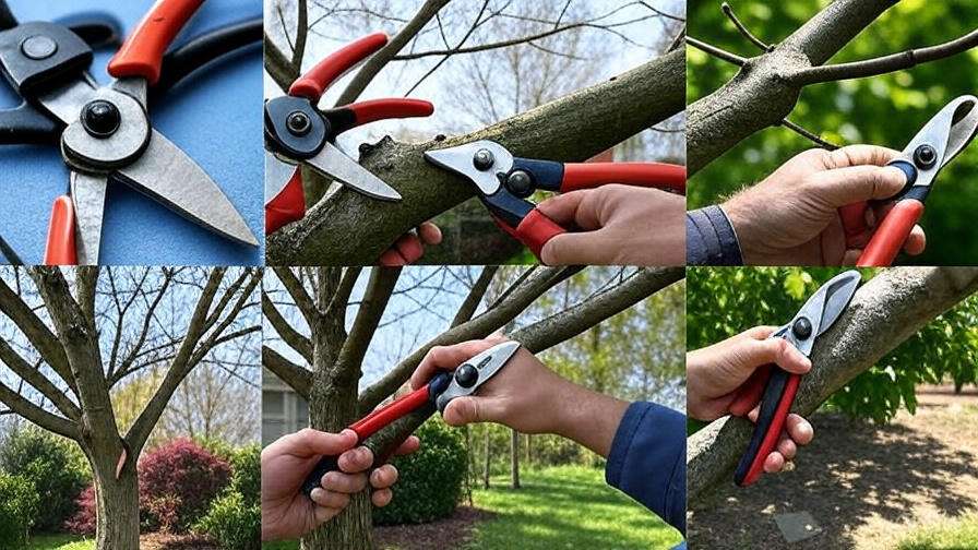 Collage of garden shears in action, showing close-ups of pruning techniques on trees during springtime.