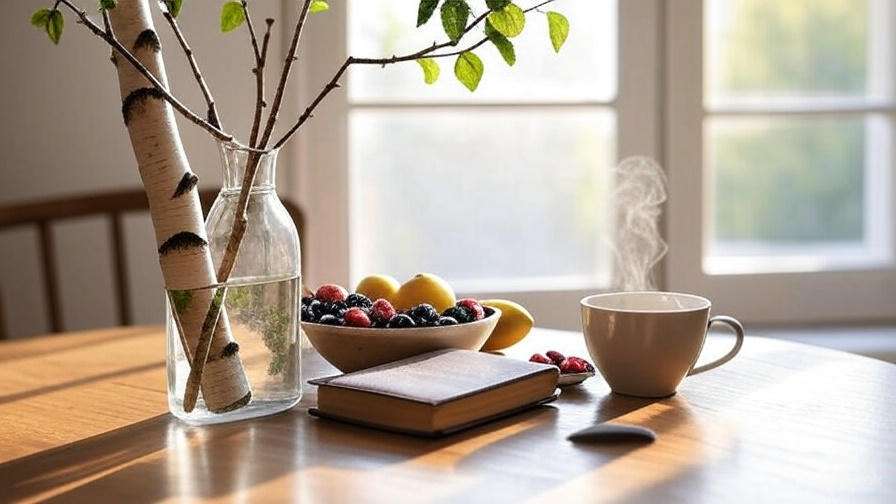 A cozy breakfast scene featuring a steaming cup of coffee, a bowl of fresh fruit, a book, and a vase with leafy branches.