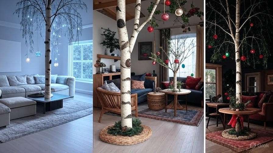 Three festive indoor scenes featuring a decorated birch tree with ornaments, surrounded by cozy furniture and holiday decor.