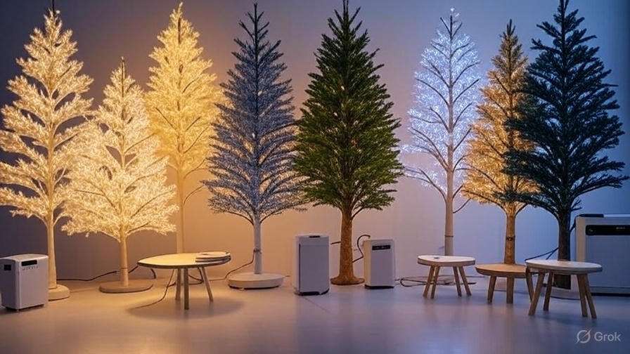 A display of illuminated Christmas trees in various colors, accompanied by small tables and air purifiers in a modern setting.