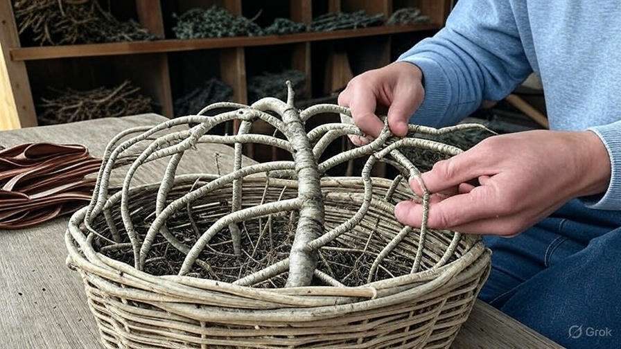 A person carefully weaving thin branches into a circular basket, surrounded by natural materials on a wooden table.