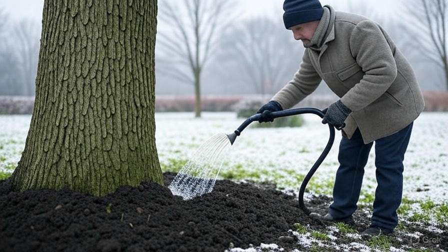A person waters the base of a large tree, surrounded by freshly turned dark soil and a light dusting of snow on the ground.