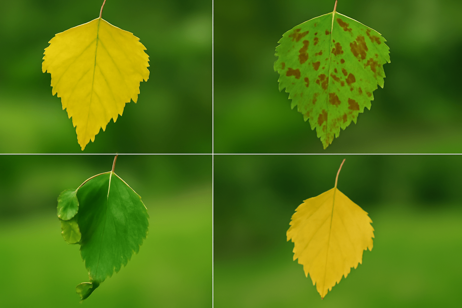 Four leaves displayed: top left yellow, top right green with brown spots, bottom left green with a small leaf, bottom right yellow.