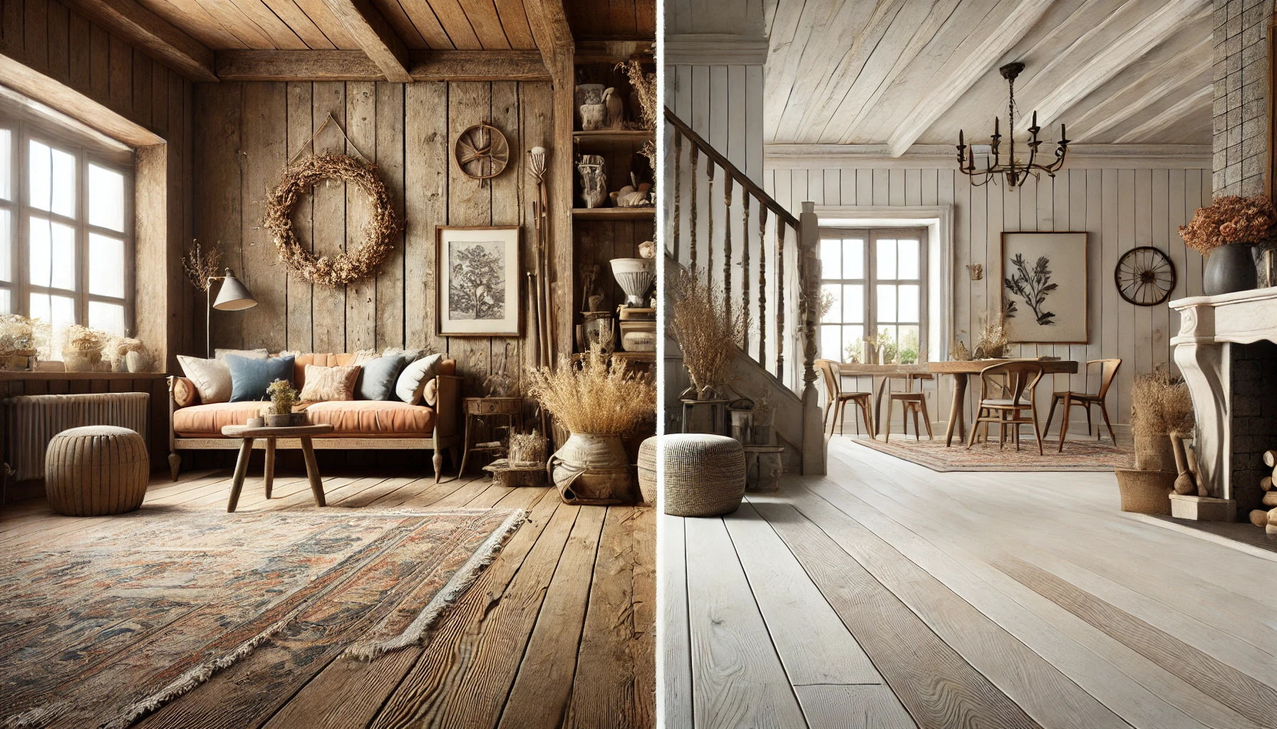 Cozy rustic living space with wooden walls, earthy decor, a plush sofa, and a bright dining area featuring a chandelier and natural elements.