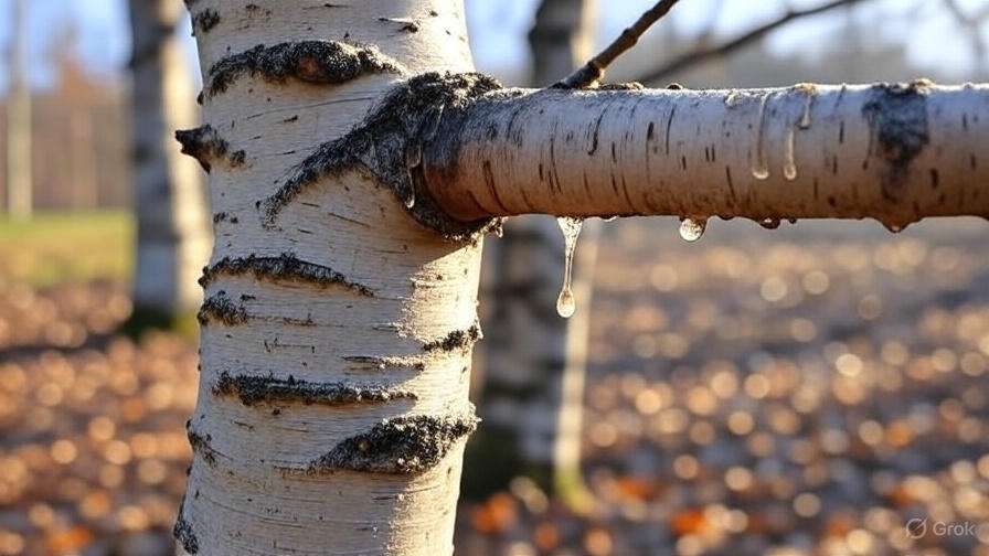 Close-up of a birch tree trunk with sap droplets forming and dripping, set against a backdrop of autumn leaves and soft sunlight.