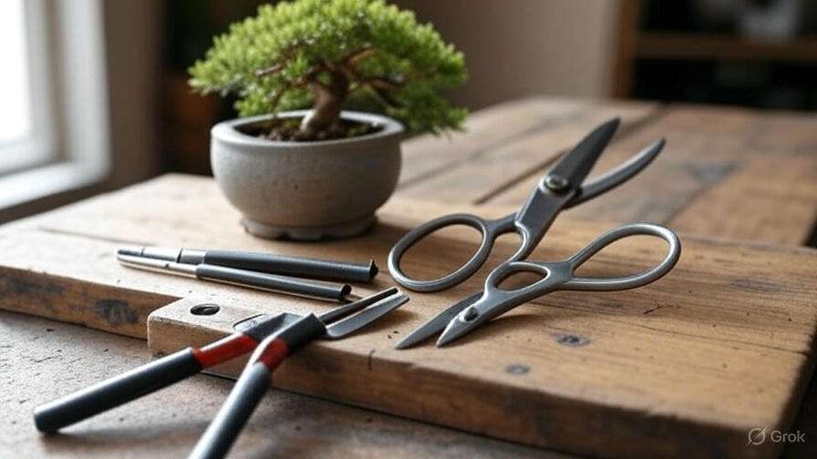 A minimalist scene featuring gardening tools, including scissors and pruning shears, beside a small bonsai tree in a pot on a wooden table.