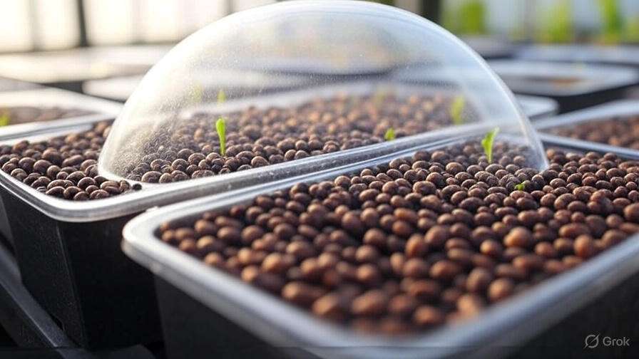 Green seedlings emerge from brown pebbles in plastic trays, covered by a dome for moisture retention in a nurturing environment.