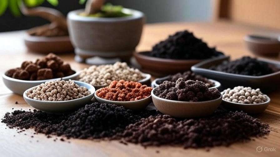 A variety of seeds and soil displayed in small bowls on a wooden surface, conveying a sense of natural simplicity. The background shows a blurred plant.