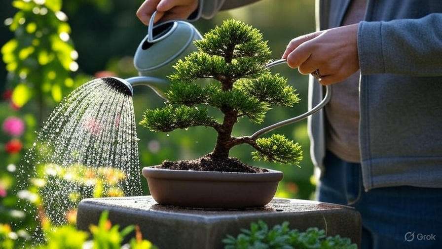 A person in a sweatshirt waters a small bonsai tree with a metal watering can. Sunlight highlights the lush green leaves in a peaceful garden setting.