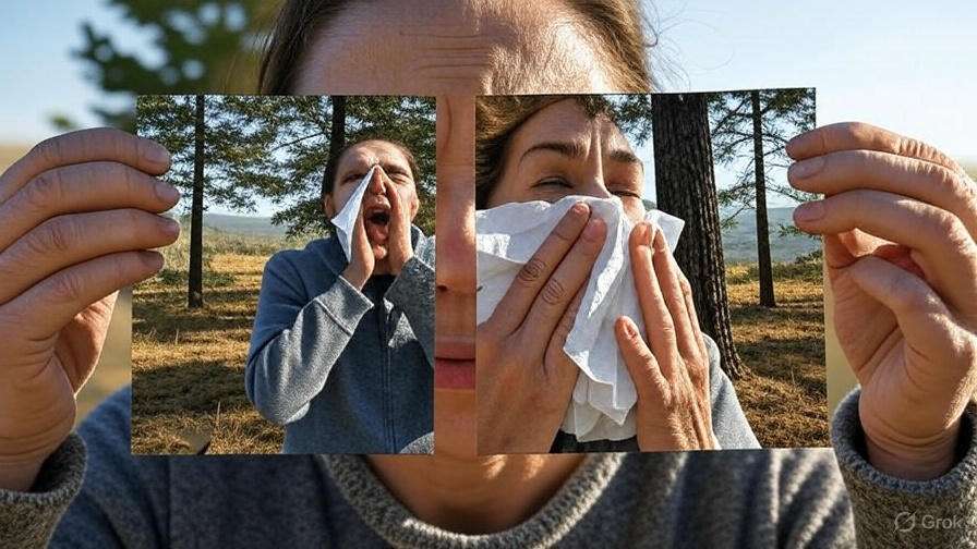A person holds two overlapping photos against a natural backdrop, each depicting different perspectives of someone attending to their face.
