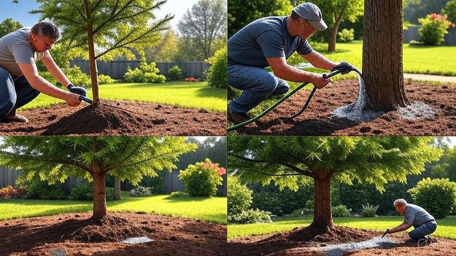 Man in a garden nurturing a young tree with a hose, watering soil. Bright green lawn and trees in background, conveying a peaceful, caring scene.