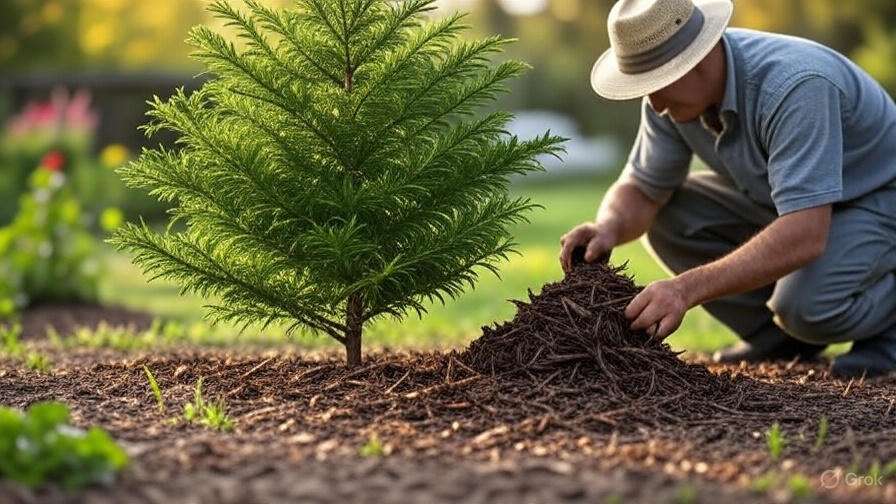 A gardener in a hat carefully adds mulch around a young tree in a sunlit garden, conveying a tone of care and nurturing. Lush greenery surrounds them.