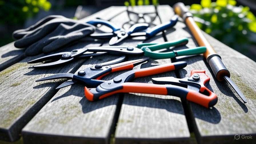 Gardening tools, including shears and a trowel, with bright orange and green handles on a wooden table, evoke a sense of readiness under sunny light.