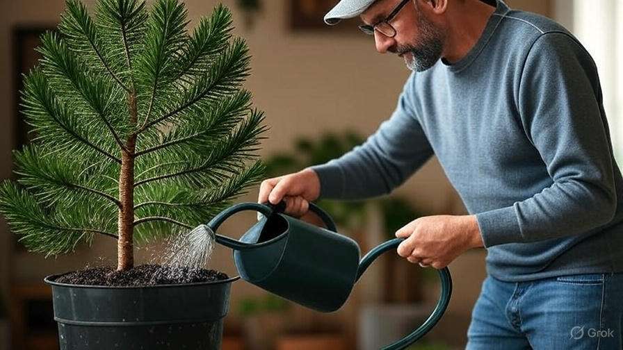 A person waters a small evergreen tree in a black pot with a green watering can, indoor plants are blurred in the background.