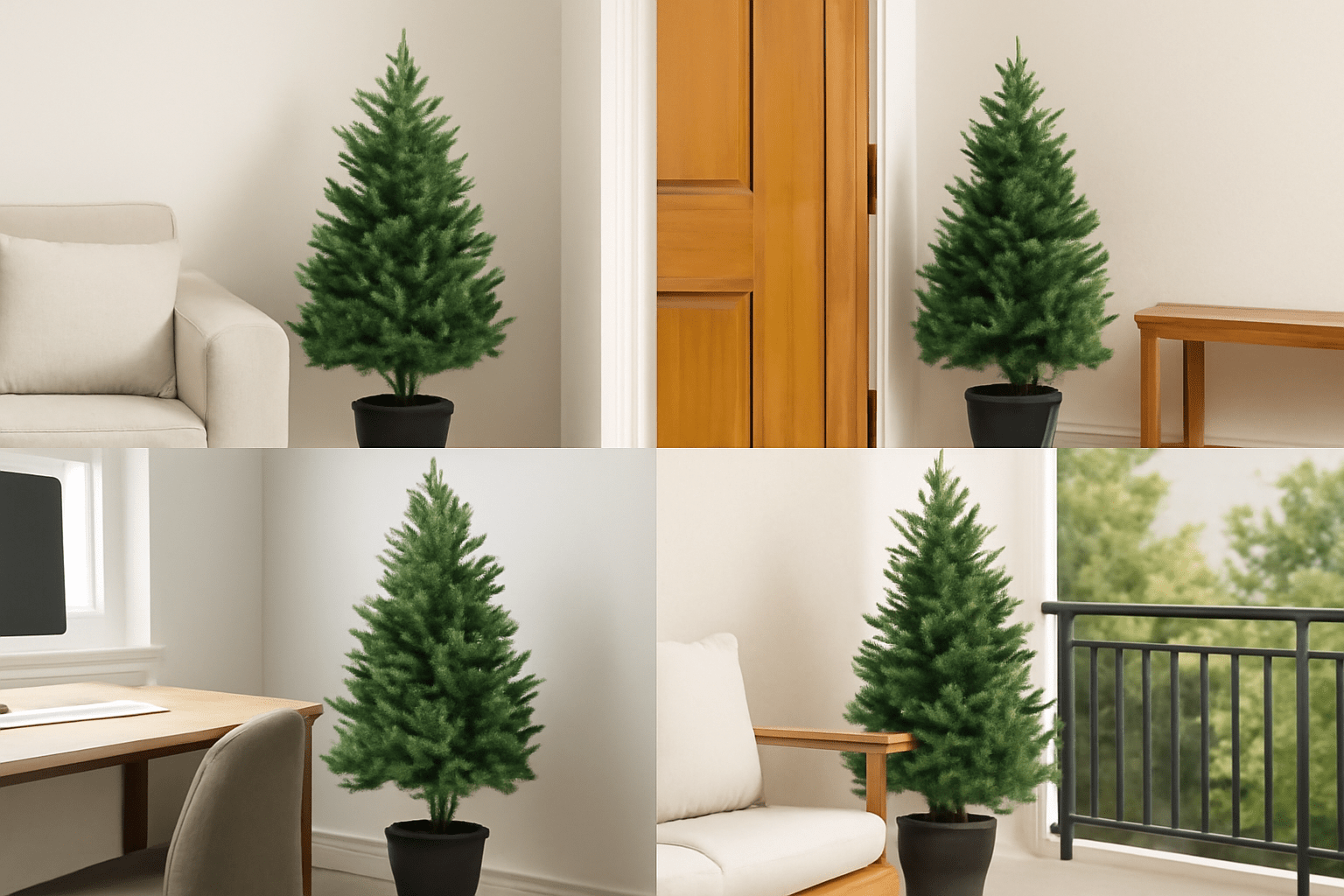Four artificial green potted trees in different indoor settings: beside a beige sofa, against wooden doors, near a desk, and by a balcony. Cozy and inviting atmosphere.