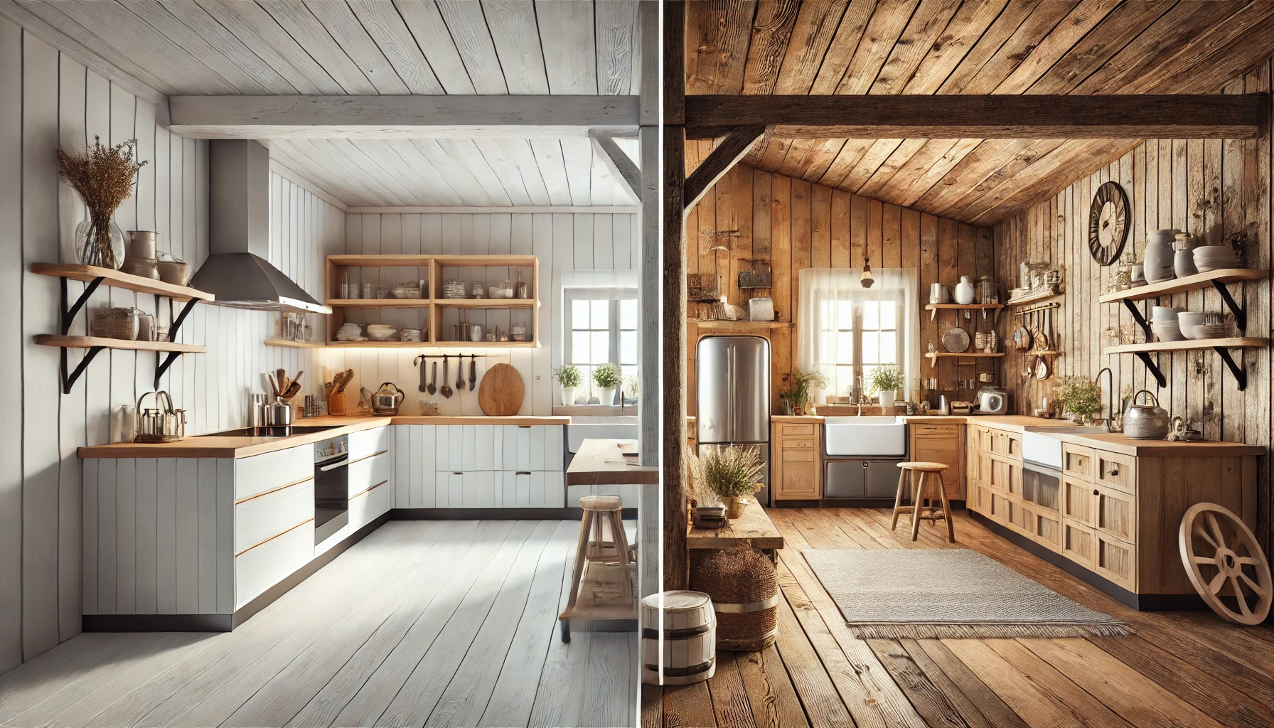 A split-image kitchen scene showcasing a modern white kitchen on the left and a rustic wooden kitchen on the right, complete with shelves and decor.