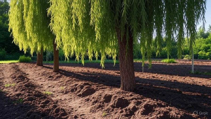 Sunlit willow trees with lush green leaves stand over tilled soil rows, casting long shadows. The scene conveys a serene, pastoral atmosphere.