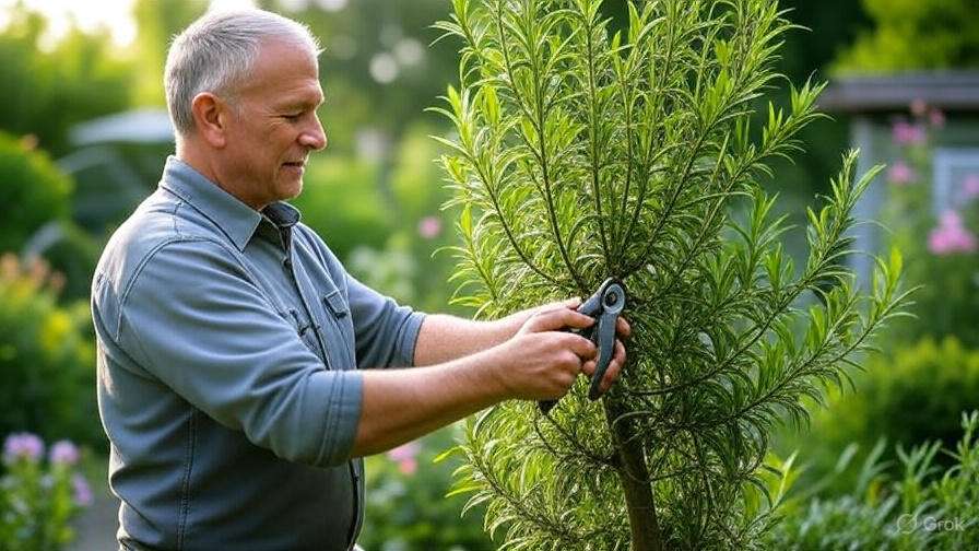 A person prunes a young tree with gardening shears in a lush garden filled with greenery and blooming flowers.