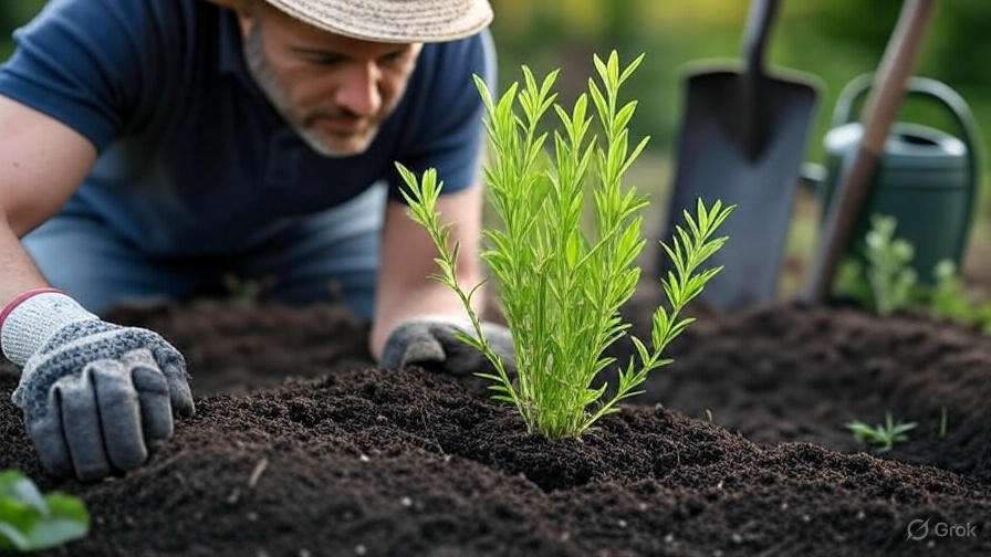 A person in a straw hat and gloves carefully tends to a young plant in a garden, surrounded by rich soil. A watering can and shovel are in the background.