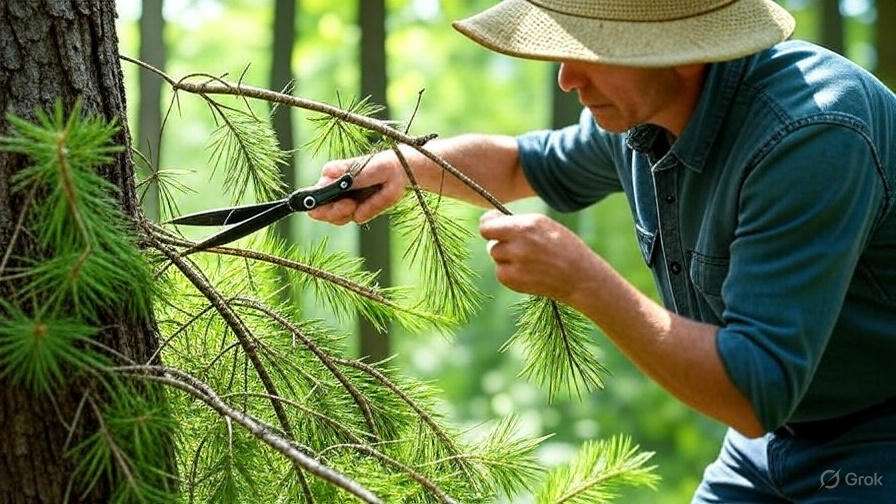 A person in a denim shirt and straw hat is pruning pine branches from a tree in a lush, green forest.
