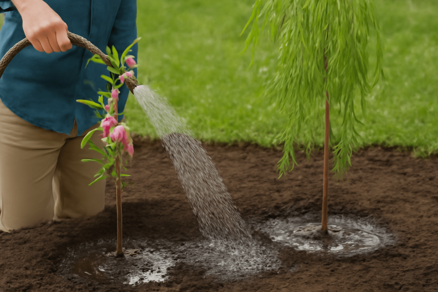 Individual watering a tree with a hose, nurturing it in a green outdoor environment.