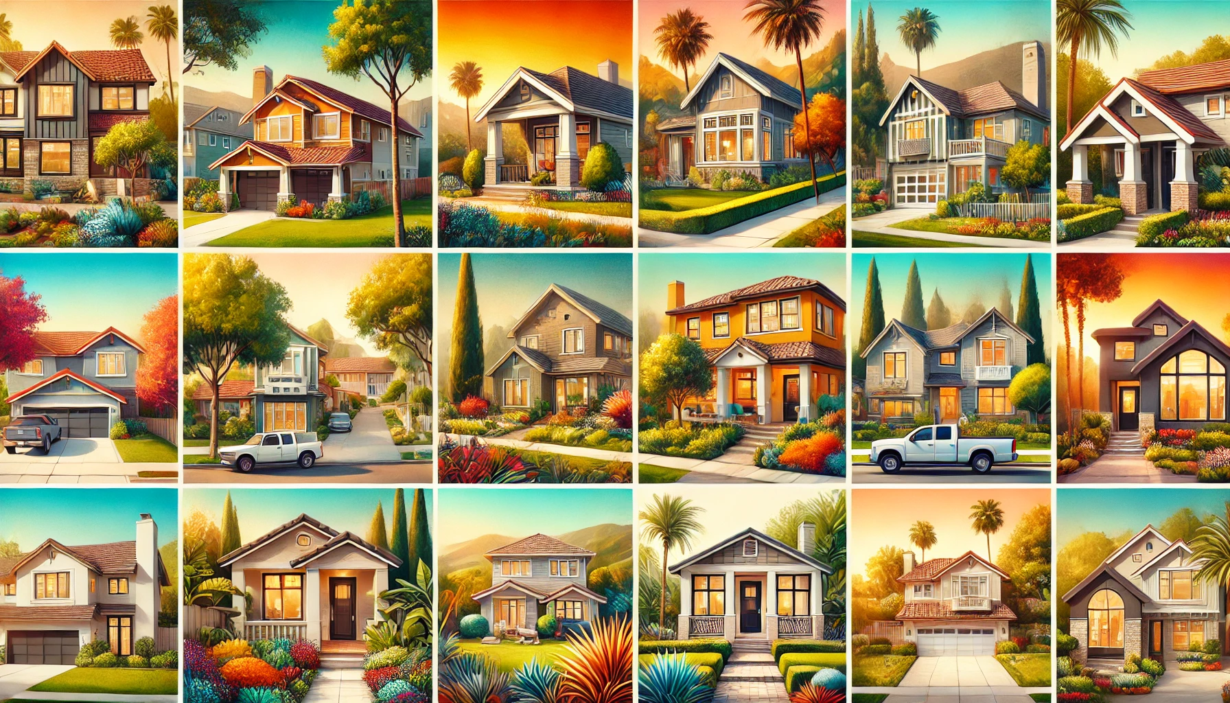A vibrant collage of diverse homes, showcasing unique architectural styles, lush gardens, and colorful landscapes at sunset.