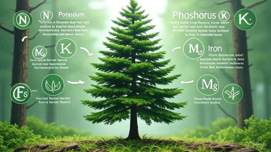 An infographic depicting a healthy tree with labeled nutrients: Nitrogen, Potassium, Phosphorus, Magnesium, Iron, and their functions.