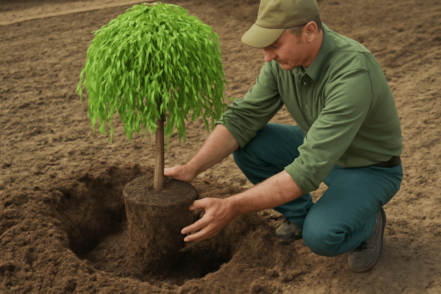 A man kneels to plant a young tree in the soil, demonstrating care for the environment and nature.
