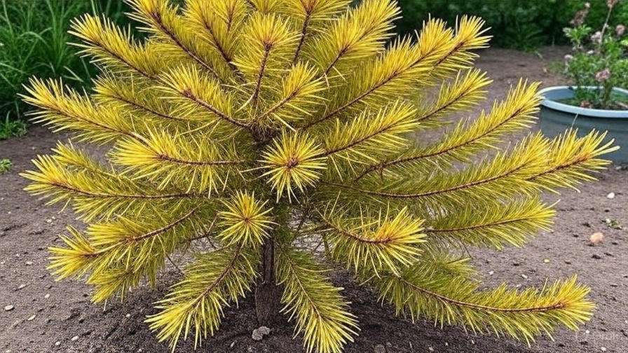 A vibrant yellow pine tree with dense needles, set against bare soil and greenery in the background.