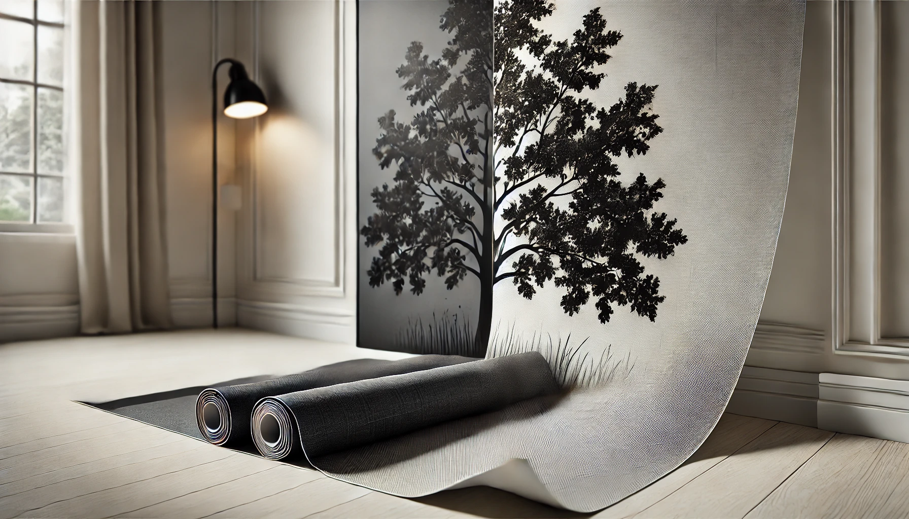 A rolled-up carpet displays a tree silhouette against a light wall, illuminated by a nearby lamp in a cozy interior.