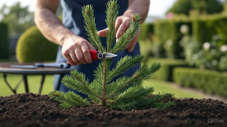 A person uses pruning shears to trim a young pine tree in a neatly landscaped garden, surrounded by green hedges.