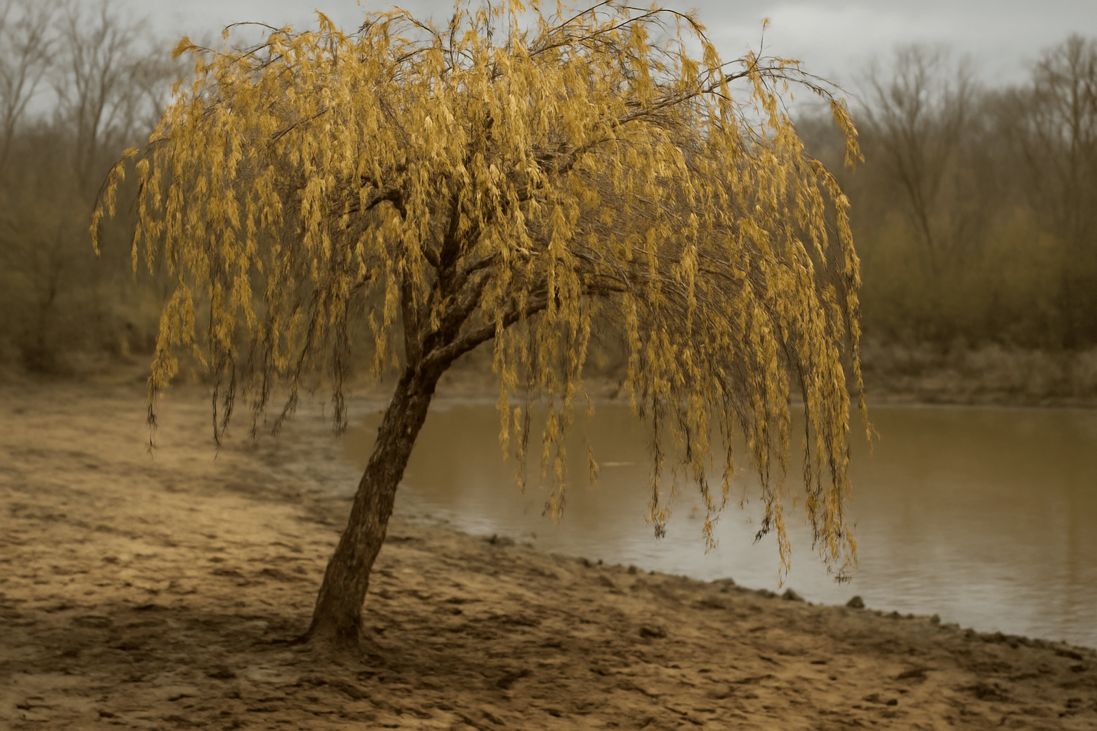 A windswept willow tree with yellowing leaves stands on a muddy riverbank, under a gray sky, conveying a somber, tranquil mood amidst the bare trees.
