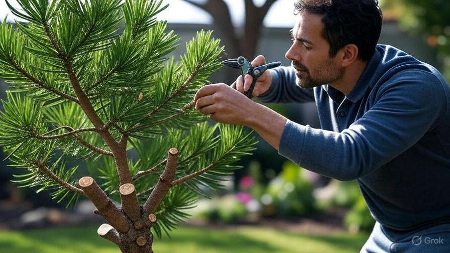 A person carefully prunes a small pine tree, showcasing lush green needles in a vibrant garden setting.
