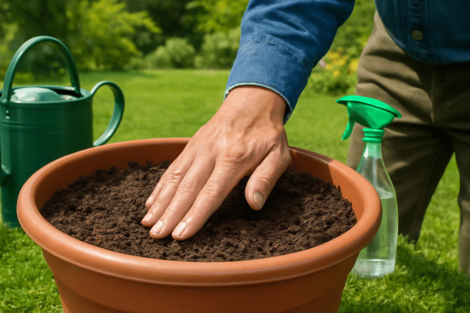 A hand in a blue shirt gently pressing soil in a terracotta pot, with a green watering can and spray bottle nearby on a lawn, conveying tranquility.