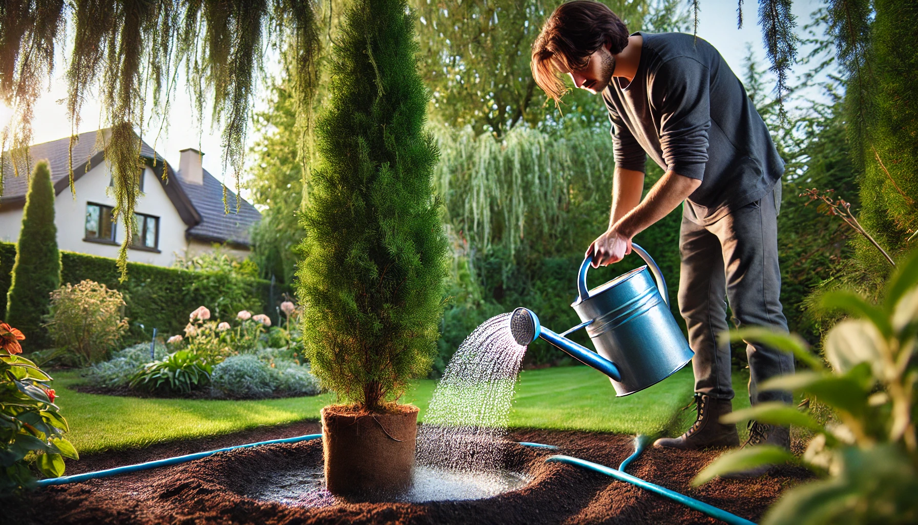 A person waters a newly planted tree in a vibrant garden, surrounded by lush greenery and blooming flowers.