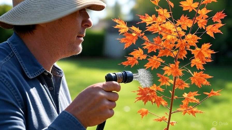 A person waters a vibrant orange maple tree using a hose in a sunny garden, surrounded by lush green grass.