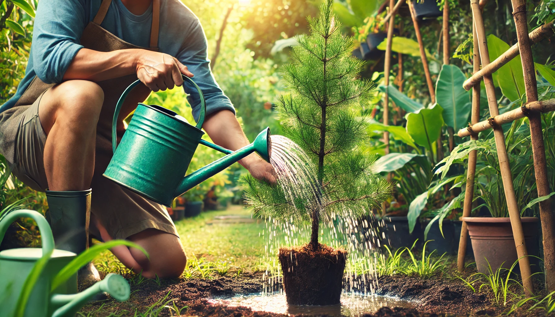 A person in a garden waters a young pine tree with a green watering can, surrounded by lush plants and sunlight filtering through leaves.