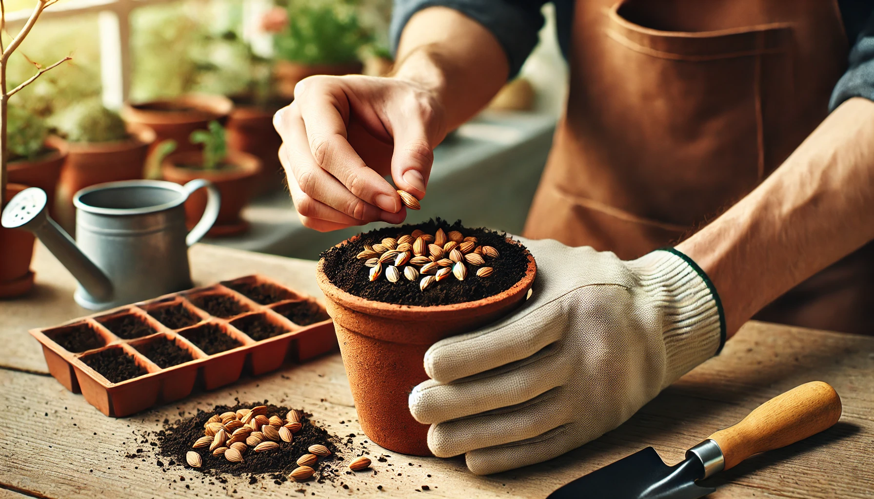 A gloved hand planting seeds in a pot filled with soil, surrounded by gardening tools and other potted plants on a wooden table.