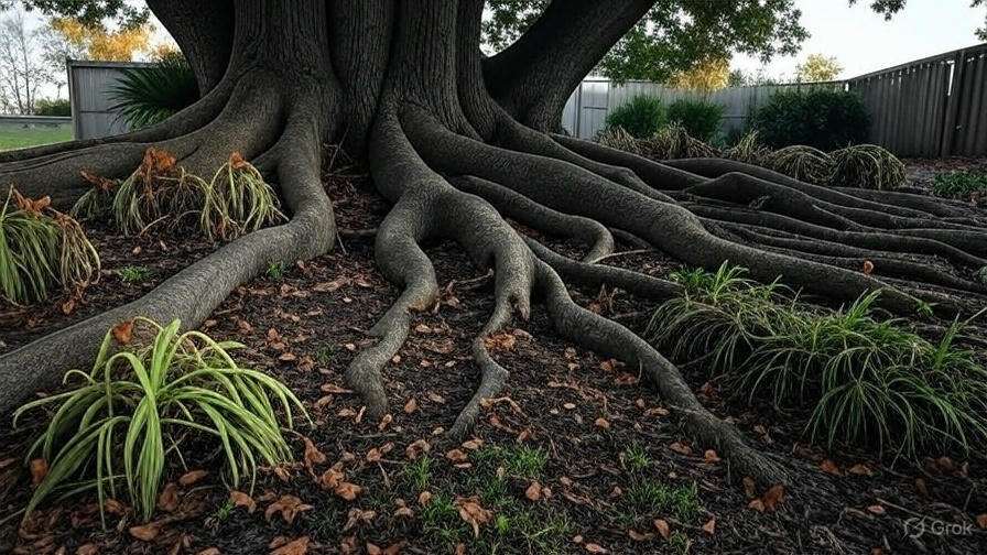 Close-up of a large tree's gnarled roots spreading across the dark soil, surrounded by grassy plants and fading autumn leaves.