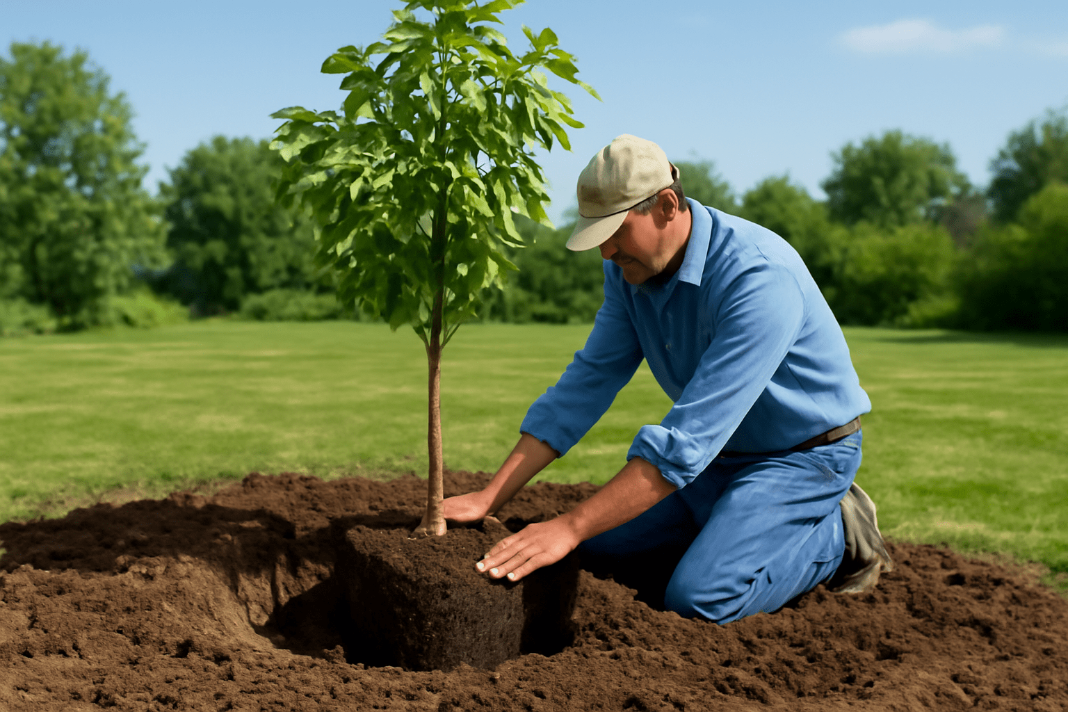 A person kneels in rich soil, planting a young tree while surrounded by a lush green landscape under a clear blue sky.