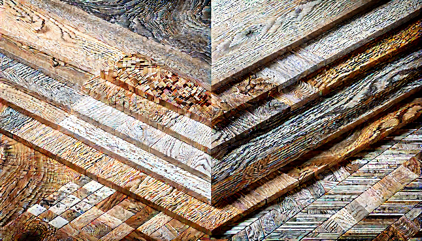 A textured wood surface displaying a variety of wood grain patterns, arranged in a chevron design with warm, natural tones.