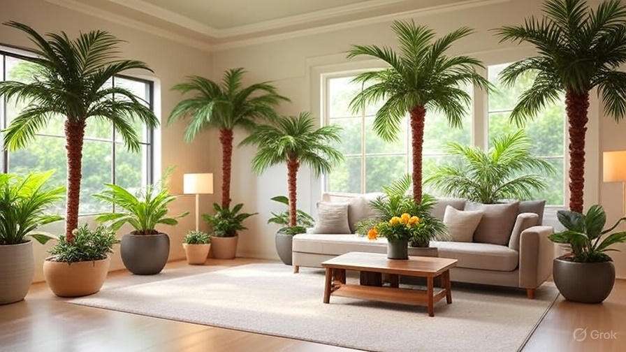 A bright living room filled with various palm trees, creating a tropical and inviting atmosphere.
