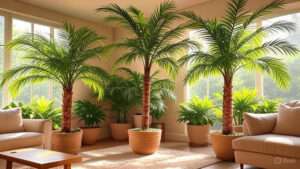 A spacious living room featuring a large palm tree prominently placed in the center, surrounded by comfortable furniture.