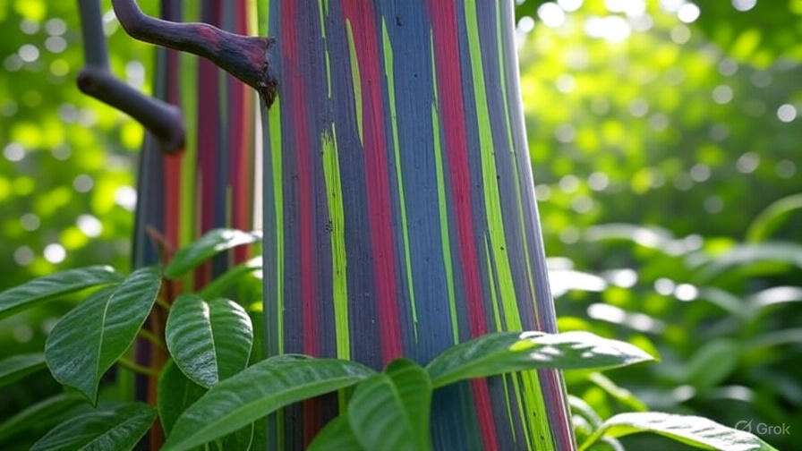 Close-up of a rainbow eucalyptus tree trunk showcasing vibrant streaks of green, red, and blue amidst lush green foliage.